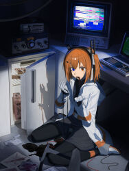  1girl a.i._voice absurdres adachi_rei android belt black_pantyhose blue_eyes blue_screen_of_death cable commentary computer crying crying_with_eyes_open drooling food full_body gloves grey_shorts hair_ribbon heterochromia highres jacket medium_hair mi_huo on_floor one_side_up open_clothes open_jacket open_mouth orange_belt orange_eyes orange_hair pantyhose popsicle refrigerator ribbon shorts sitting solo tears television utau wariza white_gloves white_jacket white_ribbon 