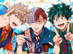  3boys artist_name bakugou_katsuki balloon birthday blonde_hair blue_necktie blue_shirt blue_vest boku_no_hero_academia brooch burn_scar chopsticks collared_shirt commentary_request confetti dated dated_commentary food freckles gem green_eyes green_hair green_ribbon green_shirt hair_between_eyes hand_up hands_up happy_birthday highres holding holding_chopsticks index_finger_raised jewelry looking_at_viewer male_focus midoriya_izuku multicolored_hair multiple_boys neck_ribbon necktie noodles open_mouth parted_bangs pointing red_eyes red_gemstone red_shirt redhead ribbon round_teeth salt_-_siomsb sash scar scar_on_face shirt short_hair shoulder_sash signature simple_background spiky_hair split-color_hair striped striped_necktie suspenders teeth todoroki_shouto tongue two-tone_hair upper_body v-shaped_eyebrows vest white_background white_hair wing_collar 