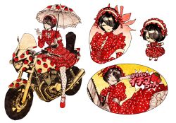  armband black_hair bow chainsaw chibi cigarette dress food_print frills fruit_print hairband highres holding holding_chainsaw holding_cigarette lolita_fashion lolita_hairband motor_vehicle motorcycle oeqooo original parasol polka_dot polka_dot_dress red_bow red_dress red_shoes shoes short_hair simple_background smoking strawberry_print umbrella white_bow 