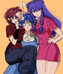  3girls black_pants blue_dress blue_hair braid china_dress chinese_clothes double_bun dress empty_eyes fuurinkan_high_school_uniform hair_bun hand_on_own_hip height_difference highres index_finger_raised jay_03010 long_hair looking_at_viewer multiple_girls orange_background pants pinafore_dress pink_dress ranma_1/2 red_hair red_shirt saotome_ranma saotome_ranma_(female) school_uniform shampoo_(ranma_1/2) shirt short_hair sidelocks simple_background sleeveless sleeveless_dress speech_bubble tendou_akane violet_eyes white_shirt 