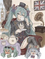  2026_fifa_world_cup 3girls absurdly_detailed_composition anger_vein artist_name ascot brazilian_flag brazilian_miku commentary crossed_legs crown cup curtains dark-skinned_female dark_skin elizabeth_tower english_commentary english_miku fake_horns fang fang_out food fruit hair_ribbon hat hatsune_miku helmet highres holding holding_cup holding_saucer horned_helmet horns lettuce loaded_interior london mehringueart mini_crown multiple_girls musical_note norwegian_flag norwegian_miku phonograph plate ribbon sandwich saucer scone strawberry table tea tea_set teacup teapot top_hat twintails twitter_username union_jack union_jack_print vinyl_record white_ascot window world_cup 