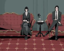  1boy 1girl black_hair black_jacket black_necktie black_pants black_suit bob_cut boots candle candlestand chair closed_eyes closed_mouth collared_shirt commentary couch crossed_legs cup flower formal_clothes full_body gghost0627 highres holding indoors jacket long_skirt long_sleeves necktie on_couch original pants shirt shoes short_hair sitting skirt suit table teacup teapot vase white_shirt 