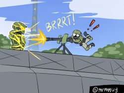  2boys energy_barrier energy_shield halo_(series) highres m41_vulcan master_chief mgguy military multiple_boys orange_assault_visor parody ringworld scene_reference science_fiction spartan_(halo) twitter_username weapon yellow_assault_visor 