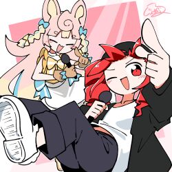  2girls :3 :d animal_ears apron black_hat black_jacket black_pants blonde_hair blue_bow blunt_bangs blush bow braid brown_gloves closed_eyes closed_mouth collarbone colored_inner_animal_ears commentary_request double-parted_bangs dress drill_hair floating floating_hair generalcanon glove_bow gloves hair_bow hands_up hat highres holding holding_microphone indie_virtual_youtuber jacket kasane_teto korone_pochi long_hair long_sleeves looking_at_viewer microphone midriff_peek multiple_girls necktie one_eye_closed open_mouth pants pink_hair pointing pointing_at_viewer pointing_up puffy_sleeves red_eyes red_hair shirt shoes sidelocks simple_background sleeveless sleeveless_dress smile spiral_hair striped_bow thick_eyebrows twin_braids twin_drills two-tone_background utau v-shaped_eyebrows very_long_hair waist_apron waist_bow white_apron white_background white_bow white_shirt white_shoes yellow_necktie 