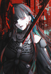  1girl absurdres aqua_hair black_hair blue_hair blue_ribbon blunt_bangs colored_inner_hair commentary_request dangle_earrings drop_shadow earrings gi_ra1 hair_ribbon head_tilt highres jewelry long_hair long_sidelocks mechabare mechanical_arms multicolored_hair punishing:_gray_raven red_background ribbon selena:_tempest_(pgr) selena_(pgr) sidelighting sidelocks solo upper_body very_long_hair 