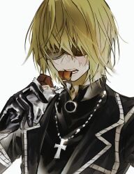  1boy black_jacket black_shirt blonde_hair candy cgvske1003 chocolate chocolate_bar commentary cross cross_necklace death_note eating food goggles hair_between_eyes highres holding holding_chocolate holding_food jacket jewelry male_focus mello_(death_note) necklace o-ring open_mouth scar scar_across_eye scar_on_face shirt short_hair solo upper_body white_background 