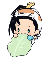  1boy amehigejz aqua_eyes black_hair chibi chibi_only earrings eating fish_hood food highres holding holding_food holostars holostars_english hood jewelry josuiji_shinri koipanion_(josuiji_shinri) lettuce male_focus oversized_food oversized_object smol_shinri solo virtual_youtuber white_background 