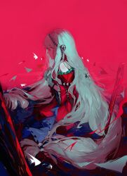  1girl absurdres angelfish aqua_gloves arknights chinese_commentary commentary_request dress e_ren fish from_side gloves grey_hair highres infection_monitor_(arknights) long_hair official_alternate_costume pink_background profile red_dress red_eyes skadi_(arknights) skadi_the_corrupting_heart_(arknights) solo tears very_long_hair 