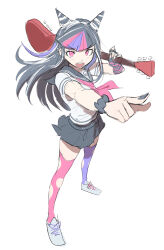  1girl asymmetrical_legwear black_hair black_nails black_sailor_collar black_skirt blue_hair blue_streaks collared_shirt commentary danganronpa_(series) danganronpa_2:_goodbye_despair ear_piercing elbow_gloves english_commentary eyelashes fingerless_gloves fingernails full_body gloves guitar hair_horns highres holding holding_guitar holding_instrument instrument legs_apart long_hair mioda_ibuki mismatched_legwear mismatched_thighhighs multicolored_gloves multicolored_hair nail_polish neckerchief open_mouth outstretched_arm piercing pink_eyes pink_hair pink_neckerchief pink_streaks pointing qosic sailor_collar school_uniform scrunchie serafuku shirt shoelaces shoes signature simple_background single_elbow_glove single_fingerless_glove skirt smile solo standing streaked_hair striped_clothes striped_gloves teeth thigh-highs torn_clothes torn_thighhighs two-tone_gloves upper_teeth_only v-shaped_eyebrows white_background white_hair white_shirt white_shoes wrist_scrunchie 