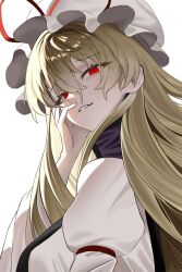  1girl absurdres blonde_hair commentary dress hair_between_eyes hat highres kokonut_gag long_hair mob_cap parted_lips puffy_sleeves purple_tabard red_eyes ringed_eyes simple_background solo tabard touhou white_background white_dress white_hat yakumo_yukari 