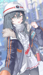  1girl absurdres armband black_hair black_pantyhose blue_archive blue_armband blue_halo blue_jacket blurry blurry_background building commentary cowboy_shot green_eyes halo hand_up hard_hat helmet highres hokori1207 holding holding_megaphone jacket lamppost long_hair long_sleeves looking_at_viewer megaphone minori_(blue_archive) open_clothes open_mouth outdoors pantyhose pleated_skirt scarf skirt solo urban white_helmet white_kirt white_scarf 