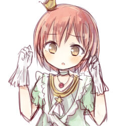  1girl :o amakaze_sora blush brown_eyes brown_hair crown gloves green_jacket hair_between_eyes hands_up hoshizora_rin jacket love_live! love_live!_school_idol_project mini_crown parted_lips shirt short_hair simple_background solo tilted_headwear upper_body white_background white_gloves white_shirt 