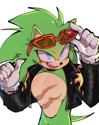 1boy adjusting_eyewear black_jacket blue_eyes claws commentary english_commentary eyewear_on_head fangs furry furry_male gloves green_fur hand_on_eyewear hedgehog_boy highres jacket looking_up male_focus mephychiquita open_mouth pointing pointing_at_self scar scar_on_chest scourge_the_hedgehog smile sonic_(series) sonic_the_hedgehog_(archie_comics) sunglasses white_gloves 