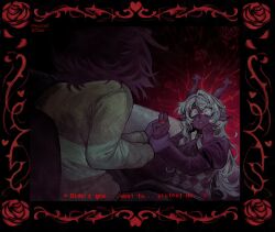  1girl 1other animal_ears antlers black_border border buck_teeth checkered_clothes checkered_sweater_vest checkered_vest commentary constricted_pupils couch deer_antlers deer_ears deer_girl deltarune floral_border furry furry_female highres horns kris_(deltarune) noelle_holiday on_couch red_soul_(utdr) reindeer_girl s0laris26 scared soul_(utdr) teeth thorn_ring_(deltarune) two-tone_sweater_vest utdr_(toby_fox) vest weird_route_(deltarune) 