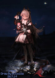  1girl absurdres arknights black_dress black_gloves black_pantyhose black_shoes character_name chinese_commentary closed_mouth commentary dated dress earrings full_body gloves grey_hair highres holding holding_lantern holding_sword holding_weapon irene_(arknights) jewelry lantern light_particles long_hair long_sleeves night outdoors pantyhose pink_eyes sakuratani_hane scar scar_across_eye scar_on_face sheath sheathed shoes solo standing star_(sky) sword twitter_username watermark weapon white_dress 