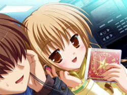  1boy 1girl blue_coat brown_eyes brown_hair cd_case ceiling clover_point coat duffel_coat dutch_angle earphones faceless faceless_male game_asset hinata_miori holding_case indoors non-web_source official_art scarf shared_earphones smug yellow_coat yellow_scarf yuyi 