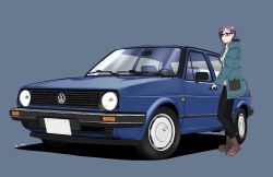  1girl absurdres ankle_boots armin_cosworth black-framed_eyewear black_pants blue_background blue_car boots breasts brown_boots car closed_mouth glasses green_jacket highres jacket kagamihara_sakura left-hand_drive license_plate long_hair long_sleeves looking_at_viewer motor_vehicle pants purple_hair revision ribbed_sweater simple_background smile solo sweater turtleneck vehicle_focus violet_eyes volkswagen volkswagen_golf yurucamp 