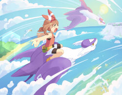  1girl alt_text bike_shorts bike_shorts_under_shorts black_shorts blue_sky blush brown_hair closed_eyes clouds commentary day english_commentary eyelashes fanny_pack flying hair_ribbon hairband latias latios may_(pokemon) medium_hair mega_latias mega_latios mega_pokemon non-circular_lens_flare ocean open_mouth pokemon pokemon_(creature) pokemon_omega_ruby_and_alpha_sapphire red_hairband red_ribbon red_tank_top ribbon ribbononline riding riding_pokemon shorts sky smile sootopolis_city sun tank_top white_shorts wingull yellow_eyes 