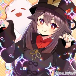  1girl :q black_nails blush brown_hair brown_hat brown_jacket closed_mouth commentary_request diagonal-striped_background flower-shaped_pupils genshin_impact hair_between_eyes hands_up hat hu_tao_(genshin_impact) jacket jewelry kou_hiyoyo long_hair looking_at_viewer nail_polish pixelated red_eyes red_shirt ring shirt smile solo sparkle striped_background symbol-shaped_pupils tongue tongue_out twitter_username upper_body very_long_hair 