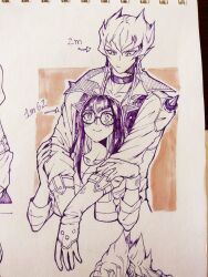  1boy 1girl black_choker black_hair blush carly_nagisa choker coat commentary earrings english_commentary glasses hug hug_from_behind jack_atlas jewelry long_hair nomae.jie smile yu-gi-oh! yu-gi-oh!_5d's 