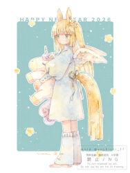  1girl 2026 animal_ears back_ribbon barefoot black_ribbon blonde_hair blunt_bangs blush_stickers chinese_zodiac closed_mouth commentary_request dress english_commentary english_text expressionless full_body green_eyes grey_dress happy_new_year highres horse_ears horse_girl horse_tail leg_warmers long_hair long_sleeves mixed-language_commentary mixed_media mura_(yoshishi_ff) original painting_(medium) puffy_long_sleeves puffy_sleeves ribbon straight_hair stuffed_unicorn tail tareme traditional_media watercolor_(medium) watermark white_leg_warmers white_wings wings year_of_the_horse 