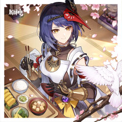  1girl absurdres bare_shoulders bird black_gloves black_hair border bowl character_doll cherry_blossoms chopsticks commentary_request copyright_name detached_sleeves doll food genshin_impact gloves highres holding holding_chopsticks kujou_sara looking_at_animal mask mask_on_head official_art petals raiden_shogun rice_bowl short_hair solo soup tatami white_border yellow_eyes 