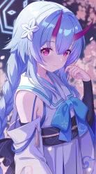  1girl absurdres blue_archive blue_bow blue_bowtie blue_hair blue_halo blurry blurry_background bow bowtie braid chise_(blue_archive) closed_mouth commentary detached_sleeves flat_chest flower from_side gradient_horns hair_flower hair_ornament halo hand_up highres horns japanese_clothes kimono long_hair long_sleeves looking_at_viewer low-braided_long_hair low-tied_long_hair multicolored_horns obi oni red_eyes red_pupils sailor_collar sash skin-covered_horns sleeveless sleeveless_kimono smile solo white_flower white_sailor_collar xiongji_z_z 