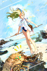  1girl absurdres bag bandaged_leg bandages barefoot beach blonde_hair blue_eyes blue_hair blue_one-piece_swimsuit earrings eudetenis floating_hair full_body green_hair highres holding holding_polearm holding_weapon jewelry lobster multicolored_eyes multicolored_hair ocean one-piece_swimsuit original outdoors parted_lips pigeon-toed polearm sand shirt short_sleeves solo surprised swimsuit swimsuit_under_clothes torn_clothes torn_sleeve waves weapon white_shirt yellow_eyes 