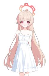  1girl absurdres arms_at_sides blue_archive blush commentary cowboy_shot dress flat_chest halo highres lmg7811 long_hair looking_at_viewer nodoka_(blue_archive) open_mouth pink_eyes pink_hair pink_halo simple_background sleeveless sleeveless_dress small_sweatdrop smile solo spaghetti_strap standing straight_hair strap_slip sundress very_long_hair white_background white_dress 