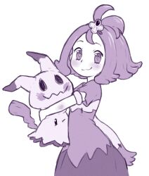  1girl :3 acerola_(pokemon) armlet beachepisode blush closed_mouth commentary dress eyelashes hair_ornament highres holding holding_pokemon jewelry medium_hair mimikyu monochrome one_eye_closed pokemon pokemon_(creature) pokemon_sun_and_moon purple_theme short_sleeves simple_background smile split_mouth topknot white_background 