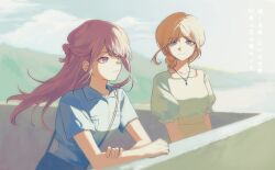 2girls bang_dream! bang_dream!_it's_mygo!!!!! blue_eyes blue_shirt chihaya_anon closed_mouth floating_hair geosmichi77 grey_eyes half_updo highres long_hair multiple_girls nagasaki_soyo pink_hair puffy_short_sleeves puffy_sleeves shirt short_sleeves 