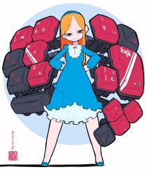  1girl artist_logo blonde_hair blue_background blue_dress blue_hairband blue_shoes computer_keyboard cyborg dress frilled_dress frills hairband half-closed_eyes hands_on_own_hips highres iwako_(eiken3kyuboy) logo long_hair looking_at_viewer mecha_musume original red_eyes shoes smirk smug solo twitter_username two-tone_background white_background 