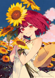  1girl atelier_(series) atelier_sophie bare_arms bare_shoulders blue_sky blush comiket_104 commentary_request day dress field flower flower_field grin hat_on_back highres holding holding_flower hugging_object looking_at_viewer noco_(adamas) outdoors red_eyes red_hair second-party_source short_hair sky sleeveless sleeveless_dress smile solo sophie_neuenmuller sundress sunflower sunflower_field teeth upper_body white_dress 