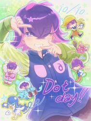  1girl apron bandana blue_coat blue_jacket brown_apron buttons character_name chibi coat dated dot_(pokemon) finger_frame finger_frame_over_eye hair_between_eyes hair_over_eyes highres jacket multiple_views one_eye_closed orange_pants pants pink_coat pokemon pokemon_(anime) pokemon_horizons quaxly quaxwell reverse_trap runachikku sparkle tinkatink 