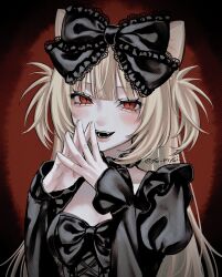  1girl absurdres aegyo_sal animal_ears artist_name black_background black_bow black_dress blonde_hair blunt_bangs blush bow breasts cat_ears cat_girl commentary dress dress_bow eyelashes frills hair_bow half-closed_eyes hands_up highres juliet_sleeves lace-trimmed_bow lace_trim long_hair long_sleeves looking_at_viewer lulu_(oysi_mysi) medium_breasts open_mouth original own_hands_together oysi_mysi portrait puffy_sleeves red_background red_eyes short_twintails sidelocks slit_pupils smile solo teeth twintails twitter_username untranslatable_commentary 