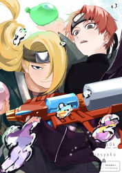  2boys :3 absurdres asymmetrical_bangs belt black_eyeliner blue_eyes brown_eyes bubble commentary_request dansyaku deidara_(naruto) eyeliner forehead_protector green_kimono hair_over_one_eye highres japanese_clothes kimono looking_at_another looking_at_viewer low_ponytail makeup male_focus multiple_boys naruto_(classic) naruto_(series) naruto_shippuuden partially_open_jacket ponytail red_hair short_hair simple_background smile surprised water water_balloon water_gun watermark white_background 
