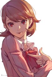  1girl artist_name bow breasts brown_eyes brown_hair cardigan choker close-up closed_mouth collar commentary earrings eyelashes hand_up highres jewelry long_sleeves looking_at_viewer medium_hair persona persona_3 phrecklesart pink_cardigan pointing pointing_at_self red_bow shirt sidelighting simple_background small_breasts takeba_yukari white_background white_choker white_collar white_shirt wing_collar 