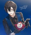  1boy :d black_gloves black_hair black_shirt blue_background blue_vest brooch cake collar_chain_(jewelry) collared_shirt cropped_torso crossed_bangs dated food glasses gloves hair_between_eyes half_gloves happy_birthday highres holding holding_plate jewelry looking_at_viewer male_focus namakawa necktie nijisanji o-ring plate red_necktie second-party_source shikinagi_akira shirt short_hair simple_background sleeve_garter sleeves_rolled_up smile solo upper_body vest violet_eyes virtual_youtuber 