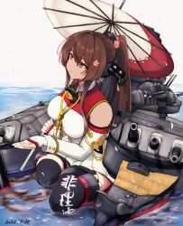  1girl boots breasts brown_hair cannon cherry_blossoms coat collar commentary_request flower gradient_boots hair_between_eyes hair_flower hair_intakes hair_ornament headgear highres kantai_collection knee_boots large_breasts long_coat long_hair metal_collar multicolored_umbrella oil-paper_umbrella pleated_skirt ponytail red_eyes red_umbrella rigging sakuramon ship_turret sidelocks single_knee_boot single_thigh_boot skirt sleeveless sleeveless_coat smile solo takechi_(yamato_kure_46) thigh_boots umbrella very_long_hair white_skirt white_umbrella yamato_(kancolle) yamato_kai_ni_(kancolle) 