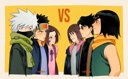 1girl 5boys absurdres black_hair black_jacket black_mask blue_jacket blue_shirt blunt_bangs border bow brown_hair child closed_mouth ebisu_(naruto) facial_mark flat_chest frown furrowed_brow goggles goggles_on_head green_scarf green_shirt grey_hair grey_shirt hair_between_eyes hatake_kakashi highres intelli_intel jacket light_smile mask might_guy mouth_mask multiple_boys naruto_(series) naruto_shippuuden neck_warmer nohara_rin parted_bangs pink_shirt red_vest round_eyewear scarf shiranui_genma shirt shirt_bow short_hair sleeveless sleeveless_shirt spiky_hair sunglasses uchiha_obito upper_body vest white_border yellow_background 