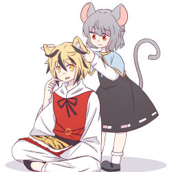  2girls :3 animal_ear_fluff animal_ears animal_print black_ribbon black_skirt black_streaks blonde_hair blue_capelet capelet closed_mouth commentary_request dress fukodesu grey_hair grey_shoes highres holding_another's_ear jewelry long_sleeves mouse_ears mouse_girl mouse_tail multicolored_hair multiple_girls nazrin neck_ribbon pants pendant pinafore_dress red_dress red_eyes ribbon shirt shoes short_hair sitting skirt sleeveless sleeveless_dress smile socks streaked_hair tail tiger_ears tiger_girl tiger_print toramaru_shou touhou white_pants white_shirt white_socks wide_sleeves 