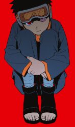  1boy absurdres bandaged_leg bandages black_hair black_shoes child goggles goggles_on_head grey_jacket grey_pants headband heterochromia highres hugging_own_legs intelli_intel jacket konohagakure_symbol looking_at_viewer naruto_(series) naruto_shippuuden open-toe_shoes pants red_eyes ringed_eyes sharingan shoes short_hair solo uchiha_obito violet_eyes 