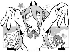  1boy 2girls black_hair black_necktie black_ribbon blonde_hair blush bob_cut breasts chainsaw_man cross-shaped_pupils dancing demon_girl demon_horns denji_(chainsaw_man) double_v frown hair_bun highres horns long_hair looking_at_viewer multiple_girls necktie nemaki_haru one_eye_closed open_mouth pants power_(chainsaw_man) red_horns reze_(chainsaw_man) ribbon ringed_eyes school_uniform shirt short_hair simple_background smile star_(symbol) symbol-shaped_pupils v white_shirt 