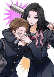  1boy 1girl absurdres adjusting_eyewear animification arm_around_neck bag baseball_bat black_hair black_jacket black_sailor_collar black_serafuku black_shirt black_skirt braid brother_and_sister chinese_commentary collared_shirt commentary_request eyeshadow frown furrowed_brow gakuran glotta_stomach grey_bag highres jacket kamen_rider kamen_rider_gavv:_graduations kamen_rider_gavv_(series) lipstick long_hair makeup neckerchief nyelv_stomach open_mouth orange_nails outline parted_lips pink_hair pink_lips pink_nails pleated_skirt purple_eyeshadow red_nails red_neckerchief sailor_collar school_uniform serafuku shirt short_hair shoulder_bag siblings side_braid simple_background single_braid skirt sweat violet_eyes wavy_hair white_background white_outline ye_shuang yellow_eyes 