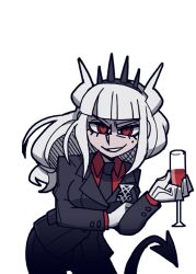 1girl alcohol black_necktie black_suit black_tail breasts collared_shirt cup demon_girl demon_horns demon_tail drinking_glass hair_up helltaker holding holding_cup horns long_sleeves looking_at_viewer lucifer_(helltaker) medium_breasts mole mole_under_eye necktie non-web_source official_art red_eyes red_shirt red_wine ringed_eyes shirt solo suit tail transparent_background vanripper white_hair white_horns wine wine_glass 