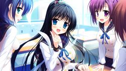  4girls arm_behind_back arm_support black_hair blue_bow blue_bowtie blue_eyes blue_hair bow bowtie brown_hair buttons chair chalkboard collarbone day desk double-breasted from_behind from_side game_asset green_eyes hagoromo head_tilt indoors locker long_hair long_sleeves looking_at_viewer magatama magical_marriage_lunatics!! mitsu_no_tama_yori_hime multiple_girls neck_ribbon non-web_source official_art open_mouth plaid_clothes plaid_sailor_collar pointing pointing_up ponytail profile purple_hair ribbon sailor_collar school_chair school_desk school_uniform serafuku shawl shirt sitting smile standing surrounded two-tone_shirt very_long_hair violet_eyes white_shirt yamakaze_ran 