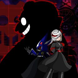  1girl 2boys absurdres aged_up animal_ears animal_nose arttoon1 black_dress black_sclera closed_mouth colored_sclera commentary digital_dissolve dr._eggman dress eggman_empire_logo english_commentary facial_hair furry furry_male glitch grid_teeth hair_over_one_eye hair_rollers highres humanoid_robot long_hair long_sleeves looking_at_viewer metal_sonic multicolored_hair multiple_boys mustache pixel_eyes pointy_nose red_eyes red_hair robot sage_(sonic) sonic_(series) sonic_frontiers sonic_heroes white_hair 