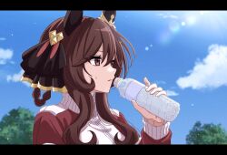  1girl animal_ears blue_sky bottle braid braided_hair_rings breasts brown_hair clouds ear_covers ear_ornament gentildonna_(umamusume) hair_rings highres holding holding_bottle horse_ears horse_girl jacket kkn2929 letterboxed long_hair long_sleeves outdoors parted_lips red_eyes red_jacket sky solo sweat tracen_training_uniform track_jacket tree umamusume upper_body water_bottle 