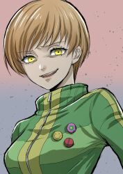  1girl absurdres badge brown_hair button_badge dark_persona felicie_ff14 furrowed_brow green_jacket highres jacket looking_at_viewer persona persona_4 persona_4_revival satonaka_chie short_hair sketch smirk track_jacket yellow_eyes zipper 