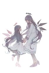  2girls arknights black_hair black_jacket black_necktie black_wings commentary detached_wings english_commentary from_side full_body halo happy high_heels highres holding_hands jacket leg_up long_hair long_sleeves looking_at_another luciana_giallo_(arknights) mole mole_under_eye mother_and_child mother_and_daughter multiple_girls necktie pantyhose parent_and_child robe sae1293 skirt standing very_long_hair virtuosa_(arknights) virtuosa_(young)_(arknights) white_robe white_skirt wings 